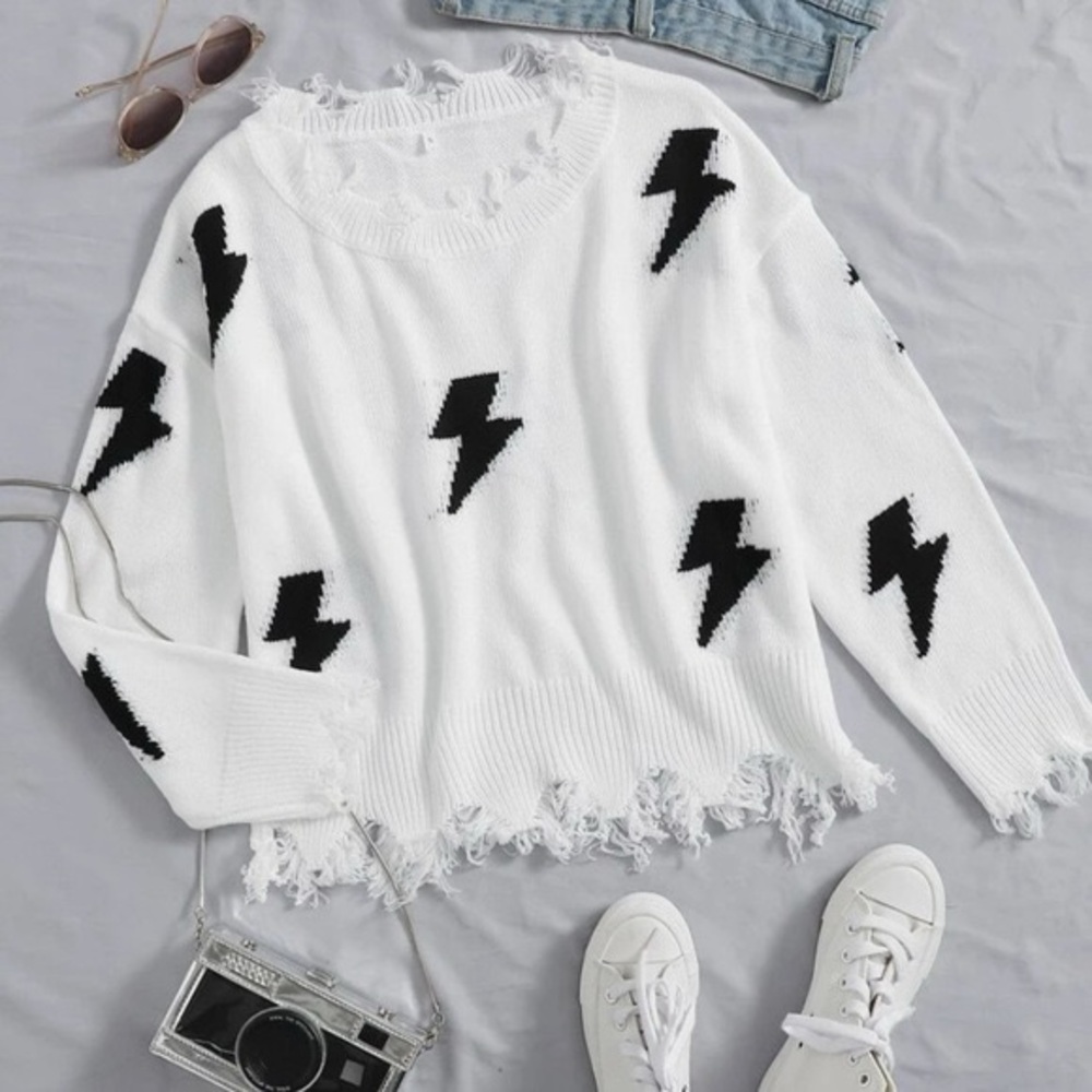 Lightning Pattern Distressed Sweater